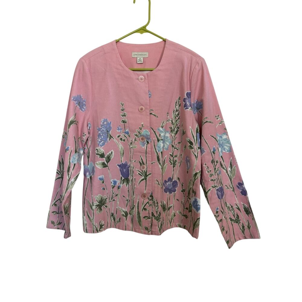 Appleseeds Watercolor Floral Pink Cotton Button Jacket M Art Teacher Art to Wear